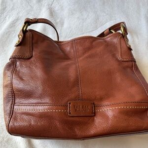 The Sak Brown Leather Shoulder Bag with Pebbled Texture